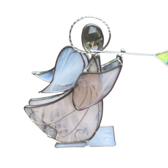 Stained glass angel sounding trumpet glass wings silver trim and halo crystal - Picture 2 of 8